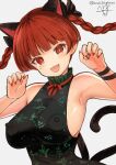  1girl :d animal_ears bangs blunt_bangs blush braid breasts cat_ears cat_tail claw_pose covered_nipples dress fang hamaburicchi highres kaenbyou_rin looking_at_viewer multiple_tails nail_polish nekomata red_eyes red_hair red_nails smile solo tail touhou twin_braids twintails two_tails upper_body 