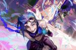  1girl blue_eyes blue_hair breasts full_body holding jinx_(league_of_legends) kurikabacha league_of_legends long_hair looking_at_viewer non-web_source pale_skin stone tattoo 