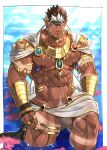  1boy abs afloat armband bara bellsaltr brown_hair bulge cape dark-skinned_male dark_skin day facial_hair flower gauntlets headband highres jewelry large_pectorals leg_tattoo legband light loincloth looking_at_viewer male_focus male_underwear manboobs manly mature_male multicolored_hair muscular muscular_male navel navel_hair necklace nipples ornament outdoors pectorals petals petals_on_liquid pointy_ears pubic_hair ring solo stubble sunlight tangaroa_(housamo) tattoo thick_arms thick_eyebrows thick_thighs thighs tokyo_afterschool_summoners underwear water wet wet_clothes white_hair yellow_eyes 