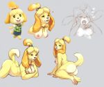 2021 animal_crossing anthro black_eyes bouncing_breasts breasts butt canid canine canis countershading dipstick_tail domestic_dog female fully_nude fur hair hair_bun hand_on_cheek isabelle_(animal_crossing) lechebestia lying mammal markings moan multiple_scenes nintendo nipples offscreen_sex on_front open_mouth pawpads pink_nipples pink_pawpads pose shih_tzu simple_background sketch solo tail_markings toy_dog video_games yellow_body yellow_fur 