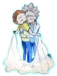  2boys brown_hair closed_eyes coat grandfather_and_grandson hug kneeling labcoat messy_hair morty_smith multiple_boys noko6 rick_and_morty rick_sanchez shirt short_hair spiked_hair tears unibrow white_coat yellow_shirt 