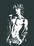  1boy bare_pectorals collarbone date_ryuunosuke_(hare-kon.) groin hair_between_eyes hare-kon. high_contrast male_focus monochrome navel non_(mangaka) open_clothes open_shirt pectorals solo 