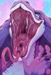  absurd_res anthro artist_name black_claws blue_eyes bodily_fluids bust_portrait claws eyelashes fangs female forked_tongue front_view glistening glistening_eyes hi_res looking_at_viewer mouth_shot narrowed_eyes open_mouth pink_tongue portrait pupils purple_body purple_scales reptile saliva saliva_on_tongue saliva_string santanahoffman scales scalie sharp_teeth simple_background slit_pupils snake solo teeth tongue tongue_out white_body white_scales 