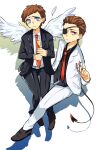  2boys angel_wings blue_eyes brown_eyes brown_hair demon_tail dual_persona evil_morty eyepatch feathered_wings formal highres morty_smith multiple_boys rick_and_morty short_hair suit tail white_wings wings xiaoming_(724536206) 
