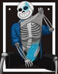  anthro bone bottomwear clothed clothing erection glowing glowing_eyes hi_res jacket lewd_latte male raised_clothing raised_shirt raised_topwear sans_(undertale) shirt shorts skeleton solo topwear undertale_(series) 