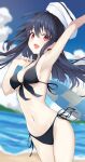  1girl amamiya_yuuko beach bikini black_bikini black_hair blue_sky blurry blurry_background breasts chroemaguro cloud commentary_request cowboy_shot day ef front-tie_bikini_top front-tie_top highres innertube long_hair medium_breasts outdoors red_eyes side-tie_bikini_bottom sky smile solo swimsuit white_headwear 