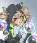  1girl animal_ears blonde_hair bodysuit bubble bubble_blowing drill_hair fake_animal_ears gloves highres hood hooded_jacket jacket olga_korezky shiro_(tower_of_fantasy) tower_of_fantasy twin_drills white_bodysuit 