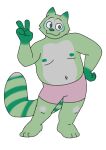  3_toes 4_fingers anthro bent_arm bottomwear clothing digital_media_(artwork) feet fingers fred_(fredrick_brennan) front_view fur gesture green_body green_fur hand_on_hip hi_res looking_at_viewer male mammal mouth_closed nipples overweight overweight_male pocketfurry procyonid raccoon shorts slightly_chubby solo toes v_sign 