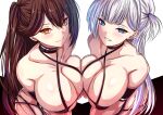  2girls akeyama_kitsune azur_lane bangs bare_shoulders bikini black_bikini blue_eyes blush breasts brown_hair cleavage collarbone high_ponytail large_breasts long_hair looking_at_viewer micro_bikini multiple_girls one_side_up shoukaku_(azur_lane) smile swimsuit very_long_hair white_hair yellow_eyes zuikaku_(azur_lane) 