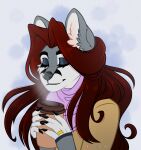  anthro beverage canid canine canis closed_smile clothing coffee coffee_cup coffee_mug container cup eyes_closed female fur grey_body grey_fur hair hi_res long_hair mammal red_hair renita smile smiley_face snow solo volodyanocturne wolf 