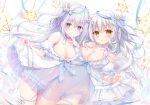  2girls babydoll blush bra breasts cleavage covered_navel finger_to_mouth hair_ornament highres lingerie long_hair looking_at_viewer multiple_girls open_mouth panties purple_eyes ribbon see-through shirosei_mochi thighs underwear white_bra white_hair white_panties yellow_eyes 