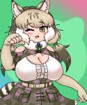  1girl animal_costume animal_ear_fluff animal_ears bare_shoulders belt cat_costume cat_ears cat_girl cat_tail edamamezooooo elbow_gloves fingerless_gloves gloves green_eyes grey_hair highres jungle_cat_(kemono_friends) kemono_friends kemono_friends_v_project long_hair looking_at_viewer microphone multicolored_hair one_eye_closed open_mouth scarf shirt simple_background skirt smile solo tail twintails virtual_youtuber white_hair 