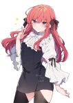  1girl anna_(ikeuchi_tanuma) black_ribbon black_thighhighs closed_mouth hair_ribbon highres ikeuchi_tanuma long_hair long_sleeves looking_at_viewer original purple_eyes red_hair ribbon simple_background smile solo thighhighs w white_background white_sleeves 