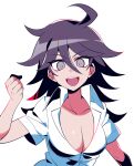  1girl :d ahoge arare_(op_ed_000) bangs black_hair breasts clenched_hand collarbone danganronpa_(series) danganronpa_2:_goodbye_despair dress_shirt grey_background hair_between_eyes hand_up highres large_breasts long_hair owari_akane shiny shiny_hair shirt short_sleeves simple_background smile solo teeth upper_body upper_teeth white_shirt 