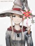  1girl 2021 absurdres commentary elvafirst flower grey_eyes hat hat_flower highres hood hood_down italian_commentary magic merry_christmas original pointy_ears signature smile solo upper_body white_hair witch_hat 