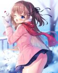  1girl blue_eyes blush bow brown_hair coat earmuffs gloves hair_bow hair_ornament holding long_hair looking_at_viewer miniskirt nanohana_kohina no_panties one_eye_closed open_mouth original outdoors pink_coat scarf skirt smile snow snowman winter_clothes 