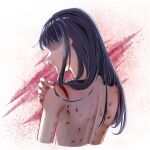  1girl back black_hair blood deep_wound faceless faceless_female highres huahong_(user_asrp7337) injury inoue_takina long_hair lycoris_recoil scar shaded_face simple_background solo upper_body 