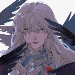  1boy 947487820wl androgynous armor bangs behelit berserk bird chinese_commentary commentary expressionless facing_viewer griffith_(berserk) highres jewelry long_hair looking_at_viewer male_focus necklace simple_background solo white_hair 