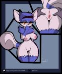  anthro anus blue_body blue_fur breasts butt female fenefell fur generation_6_pokemon genitals mammal meowstic nintendo nipples pokemon pokemon_(species) pussy red_eyes simple_background solo spread_butt spreading video_games white_body white_fur 