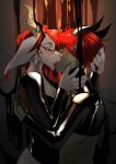  2022 5_fingers anthro breasts claws clothed clothing digital_media_(artwork) dragon eyebrows eyelashes eyes_closed female fingers fur furred_dragon hair hi_res horn kissing latex red_hair smile tja 