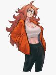  1girl alternate_costume android_21 black_pants blue_eyes breasts cleavage dragon_ball dragon_ball_fighterz glasses grey_background hair_between_eyes jacket kemachiku large_breasts long_hair looking_at_viewer midriff navel pants red_eyes red_hair red_jacket simple_background smile solo tank_top white_tank_top 
