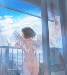  absurdres angel_wings ass bird blood blood_splatter blue_panties blue_sky breasts brown_hair building butt_crack cloud cloudy_sky cowboy_shot curtains day english_commentary from_behind halo hand_on_own_face highres looking_away medium_breasts original panties patch_oxxo short_hair sideboob sky skyscraper standing striped striped_panties underwear white_panties window wings 