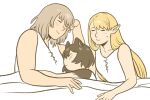  3girls animal_ears black_hair blonde_hair cat_ears cat_girl closed_eyes dungeon_meshi english_commentary falin_thorden grey_hair izutsumi light_blush long_hair marcille multiple_girls pointy_ears racqueer short_hair simple_background sleeping under_covers white_background yuri 