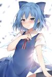  1girl absurdres bangs blue_bow blue_dress blue_eyes blue_hair blurry blurry_background blush bow bowtie breasts cirno closed_mouth collared_shirt commentary_request dress fingernails hair_between_eyes hand_on_own_chest hand_up highres ice ice_wings karasusou_nano long_fingernails looking_at_viewer puffy_short_sleeves puffy_sleeves red_bow red_bowtie shirt short_hair short_sleeves small_breasts smile solo standing touhou v-shaped_eyebrows white_background white_shirt wing_collar wings 