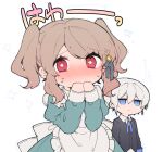  +_+ 1boy 1girl apron bangs black_jacket blue_eyes blush brown_hair chibi closed_mouth collared_dress collared_shirt covered_mouth dress frilled_apron frills green_dress grey_hair hair_between_eyes hands_up ikeuchi_tanuma jacket juliet_sleeves long_sleeves maid maid_apron nose_blush original puffy_sleeves red_eyes shirt sleeves_past_wrists translation_request twintails white_apron white_background white_shirt 