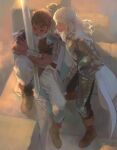  2boys armor berserk black_hair cape closed_eyes emg_(christain) greatsword griffith_(berserk) guts_(berserk) helmet holding holding_helmet long_hair male_focus multiple_boys object_hug short_hair shoulder_armor sleeping smile spiked_hair sword weapon white_cape white_hair 