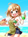  1girl apron artist_logo beach bikini blue_skirt blue_sky breasts brown_hair cloud commentary_request crab dated day drink fang food fried_rice green_apron green_bikini horizon kantai_collection kutone_shirika oboro_(kancolle) ocean official_alternate_costume outdoors pleated_skirt short_hair skirt sky small_breasts swimsuit waves 