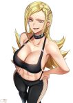  1girl 2022 abs bangs bare_arms bare_shoulders black_pants black_tank_top blonde_hair breasts castell cleavage collar collarbone ear_piercing fishnets highres kamiunten_mira large_breasts long_hair looking_at_viewer mato_seihei_no_slave midriff navel open_mouth panties pants panty_peek parted_bangs piercing raised_eyebrow sideboob signature smile solo spiked_collar spikes sweat tank_top tight tight_pants toned underwear white_background yellow_eyes 