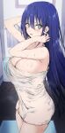  1girl @_@ aqua_eyes armpits arms_up bangs bare_shoulders blue_hair breasts cleavage clothes_removed covered_navel cowboy_shot embarrassed engage_kiss haoni highres indoors large_breasts long_hair looking_at_viewer naked_towel solo towel very_long_hair wardrobe_malfunction wet yuugiri_ayano 