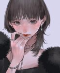  1girl bangs black_eyes black_shirt bracelet brown_hair collarbone ear_piercing earrings expressionless fur_sleeves grey_background grey_nails hand_on_own_chin highres jewelry looking_at_viewer mano_aaa medium_hair necklace original piercing portrait ring shirt solo 