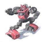  autobot cliffjumper english_commentary horns looking_to_the_side mecha open_hands painting_(medium) robot science_fiction shadow solo tgping traditional_media transformers twisted_torso watercolor_(medium) wheel white_background white_eyes 