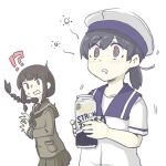  2girls @_@ akara_kai bangs beer_can black_hair black_neckerchief blunt_bangs braid brown_eyes can dress drunk green_serafuku green_skirt hair_ribbon hat hiburi_(kancolle) holding holding_can kantai_collection kitakami_(kancolle) long_hair low_ponytail multiple_girls neckerchief ribbon sailor_collar sailor_dress sailor_hat school_uniform serafuku short_hair short_sleeves sidelocks simple_background single_braid skirt surprised tress_ribbon white_background white_dress 