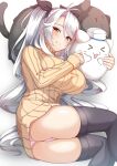  &gt;3&lt; 1girl absurdres alternate_costume ass azur_lane bangs black_thighhighs blush breasts brown_eyes brown_sweater feet_out_of_frame grey_hair hair_between_eyes hair_ribbon heart highres knees_together_feet_apart large_breasts long_hair long_sleeves meowfficer_(azur_lane) monochrome moyoron no_pants panties parted_bangs prinz_eugen_(azur_lane) red_hair ribbed_sweater ribbon simple_background sleeves_past_wrists spot_color sweater thighhighs turtleneck turtleneck_sweater two_side_up underwear very_long_hair white_background white_headwear 