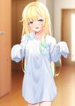  1girl aizawa_ema amaner blonde_hair blue_eyes blurry blurry_background highres indoors long_hair open_mouth sleeves_past_fingers sleeves_past_wrists smile solo virtual_youtuber vspo! 