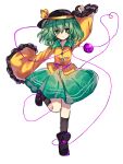  1girl 2516559270 arm_up bangs black_footwear black_headwear black_socks boots bright_pupils chinese_commentary collared_shirt commentary_request flat_chest frilled_sleeves frills green_eyes green_hair green_skirt hat hat_ribbon komeiji_koishi long_sleeves medium_hair no_nose open_mouth ribbon shirt skirt sleeves_past_wrists socks touhou yellow_pupils yellow_ribbon yellow_shirt 