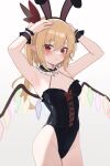  1girl :t absurdres animal_ears armpits arms_up black_hairband black_leotard blonde_hair blush breasts cleavage closed_mouth cowboy_shot crystal detached_collar fake_animal_ears flandre_scarlet hairband hands_on_own_head highres leotard ling_huanxiang long_hair looking_at_viewer playboy_bunny pointy_ears ponytail rabbit_ears red_eyes simple_background small_breasts touhou white_background wings wrist_cuffs 