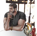  1boy alleveolive arm_hair bara black_hair black_shirt blue_eyes chris_redfield cup disposable_cup facial_hair highres holding holding_cup male_focus muscular muscular_male resident_evil resident_evil_village shirt short_hair solo watch wristwatch 