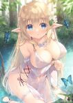  1girl bare_shoulders blonde_hair blue_eyes blush breasts bug butterfly cleavage covered_nipples dress elf flower hair_flower hair_ornament long_hair looking_at_viewer navel no_bra no_panties original outdoors pointy_ears solo water white_dress yukie_(peach_candy) 