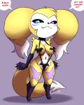  anthro bandai_namco bikini clothing dialogue digimon digimon_(species) female fur furball_(artist) heterochromia hi_res hybrid nipples renamon sling_bikini solo swimwear yellow_body yellow_fur 