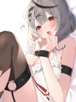  !? 1girl :d arm_strap bare_shoulders bdsm black_hair blush bondage bound bound_legs breasts brown_thighhighs buckle cleavage fang grey_hair hair_ornament hairclip highres hololive knees_up large_breasts long_hair long_sleeves looking_at_viewer multicolored_hair o-ring red_eyes sakamata_chloe sitting skin_fang smile solo streaked_hair thighhighs torn_thighhighs two-tone_hair virtual_youtuber x_hair_ornament yuita_(yuita17) 