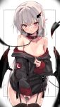  1girl absurdres bare_shoulders black_jacket black_thighhighs black_wings blush breasts cleavage collar collarbone demon_girl demon_tail demon_wings garter_straps grey_hair hair_between_eyes hair_ornament highres jacket leash long_sleeves looking_at_viewer medium_breasts original pointy_ears pussy_juice red_collar red_eyes short_hair solo sweatdrop tail thighhighs thighs toshizou_(0714) wings zipper 