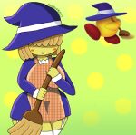  apron blonde_hair broom broom_hatter brown_clothing brown_footwear brown_shoes cleaning_tool clothed clothing female footwear hair hat headgear headwear humanoid kirby_(series) nintendo shoes smile socks solo touhoufan video_games yellow_body 