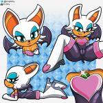 1:1 anthro big_breasts breasts butt chiropteran clothed clothing e-why eyeshadow female genitals gloves handwear hi_res looking_at_viewer makeup mammal membrane_(anatomy) membranous_wings pussy rouge_the_bat sega simple_background smile solo sonic_the_hedgehog_(series) video_games wings 