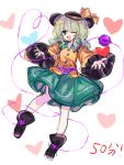  1girl 2516559270 ;d bangs black_footwear black_headwear boots chinese_commentary collared_shirt commentary_request full_body green_hair green_skirt happy hat hat_ribbon heart komeiji_koishi long_hair long_sleeves one_eye_closed open_mouth ribbon shirt skirt smile solo touhou yellow_ribbon yellow_shirt 