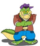  2022 3_toes alligator alligatorid alpha_channel anthro barefoot belt bottomwear brok_(character) brok_the_investigator clothing crocodile crocodilian crocodylid fedora feet hat headgear headwear hi_res jolly_the_lizard jollyville male pants pendant reptile scalie shirt smile solo tank_top toes topcoat topwear video_games 