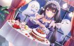  1girl bare_shoulders black_hair blush breasts dress flower food ghost hair_ornament holding holding_food indoors lolita_fashion long_hair looking_at_viewer original purple_eyes shiono_(0303) table 